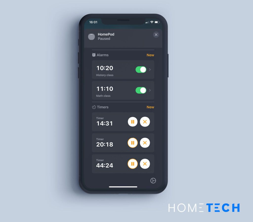 HomePod timers and alarms, screenshot from the Home app 