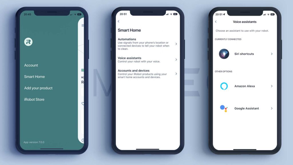 iPhones showing screens from the iRobot app