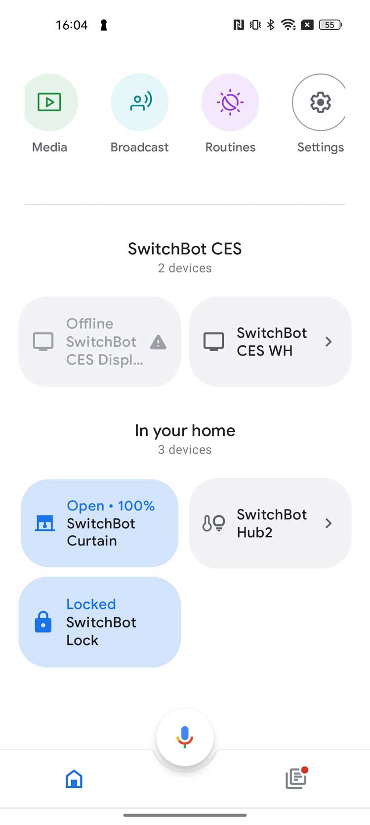 Screenshot showing the SwitchBot Curtain and SwitchBot Lock in the Google Home App thanks to the new SwitchBot Hub 2 with Matter support