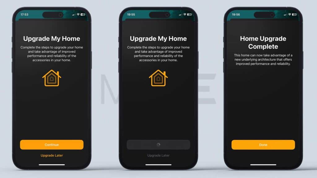 Screenshots showing the HomeKit architecture upgrade process in three easy steps
